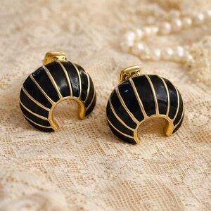 Vintage Gold & Black Enamel Crescent Clip Earrings Bold Statement
